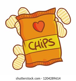 Funny and cute yummy orange potato chips packaging - vector
