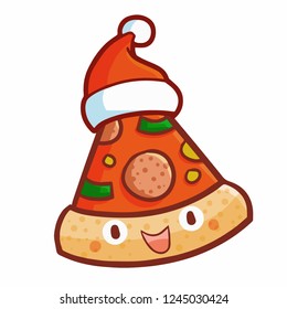 Funny and cute yummy pizza smiling and wearing Santa's hat for christmas - vector