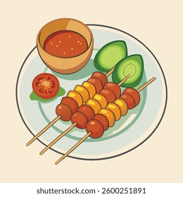 Funny and cute yummy "Sate Klathak", a traditional chiken satay from Yogyakarta, Indonesia - vector
