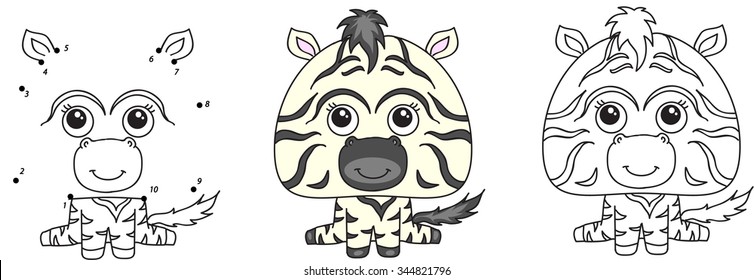 Funny and cute zebra. Vector illustration for kids. Dot to dot game and coloring book