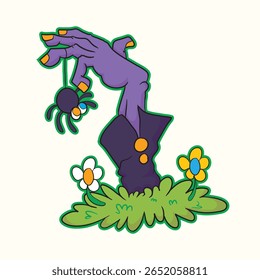 Engraçado bonito zumbi mão cartoon levantando de túmulo com estilo divertido perfeito para os convites da festa de Halloween cartões de saudação impressões adesivos e design assustador criativo para comemorar a noite de outubro