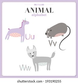 Funny and cute zoo alphabet in vector. U, v, w letters. Illustration with cartoon animals on white background. Unicorn, wolf, vole.