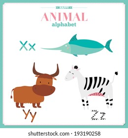 Funny and cute zoo alphabet in vector. X, y, z letters. Illustration with cartoon animals on white background. Zebra, yak, xiphias.
