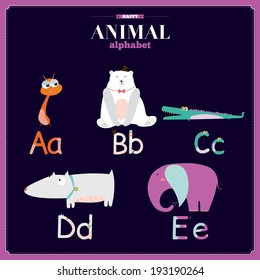 Funny and cute zoo alphabet in vector. A, b, c, d, e letters. Illustration with cartoon animals on black background. Ant, bear, polar bear, crocodile, dog, elephant.
