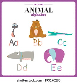 Funny and cute zoo alphabet in vector. A, b, c, d, e letters. Illustration with cartoon animals on white background. Ant, bear, crocodile, dog, elephant.