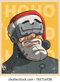 Funny Cyber punk vector illustration of Santa the Secret Agent. Greeting poster for Christmas and New Year