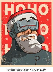 Funny Cyber punk vector illustration of Santa the Secret Agent. Greeting poster for Christmas and New Year
