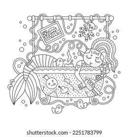 Funny cyberpunk teenager mermaid. Cute pretty punk fish girl in the bathroom. Sea creature. Sci fi coloring page. Cartoon vector illustration. Hand drawn style. Isolated on white
Black lines. Clipart