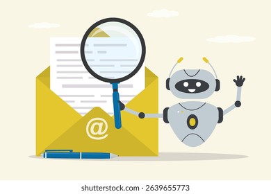 Funny cyborg or chat bot uses magnifying glass and searching file in yellow folder. Automatic database indexing, robot doing fast unzipping. Quick easy search system for files, content and information