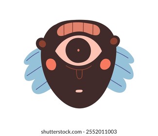 Funny cyclop character with single eye. Quirky whimsical monster avatar, bizarre creative face mask. Freaky alien portrait, user profile. Flat vector illustration isolated on white background