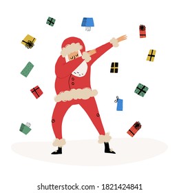 Funny dab dancing Santa and falling presents confetti. Cute hand-drawn illustration on isolated background. 