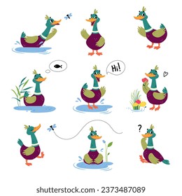 Funny Dabbling Duck Character Engaged in Different Activity Vector Set