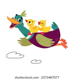 Funny Dabbling Duck Character Flying with Baby Duckling Vector Illustration