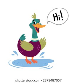 Funny Dabbling Duck Character Greeting Saying Hi Vector Illustration