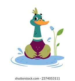 Funny Dabbling Duck Character Sitting in Pond Vector Illustration