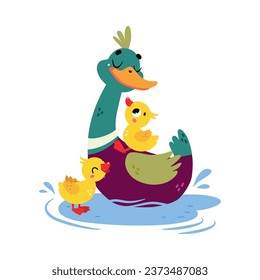 Funny Dabbling Duck Character Swimming with Yellow Baby Duckling Vector Illustration