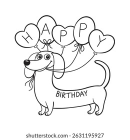 funny dachshund birthday card with gifts, with ballons, black and white illustrations