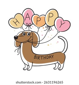 funny dachshund birthday card with gifts, with ballons, illustrations