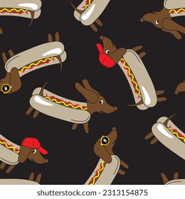 Funny dachshund dog in form of hot dog seamless pattern. Vector illustration. svg