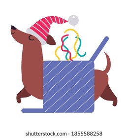 Funny Dachshund Dog in Santa Hat, Symbol of Xmas and New Year, Happy Winter Holidays Concept Cartoon Style Vector Illustration