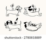 Funny dachshund dog set in hot dog bun and party costumes, minimalist line art.