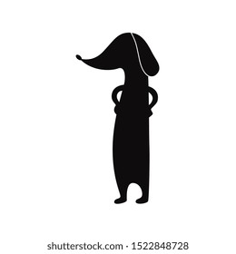 Funny dachshund dog standing on paws black silhouette flat vector illustration isolated on white background. Tackle puppy outline contour icon for prints and logos.