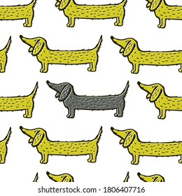 Funny Dachshund Dog. Dog vector illustration. Yellow Dachshund on a white background. For print, wallpapers, fashion, backgrounds, textures, DIY, wrappers, cards, papier.Trendy. 