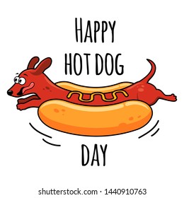 Funny dachshund in hot dog bun with mustard, cartoon drawing. July National holiday celebration. Template for food summer festival event background.