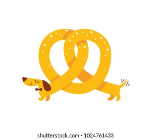 Funny Dachshund pretzel Dog. 
Simple to edit - CMYK ready to print - great as food mascot, logo design, t-shirt design, etc...
100% vector