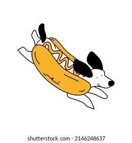 funny Dachshund running puppy in hot dog bun with mustard, flat linear cartoon drawing. Cute Weiner dog vector illustration.