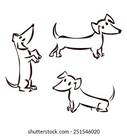 Funny dachshund set isolated on white. Hand drawn cartoon illustration.