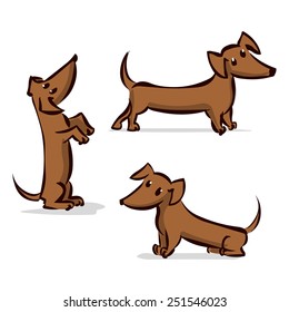 Funny dachshund set isolated on white. Hand drawn cartoon illustration.