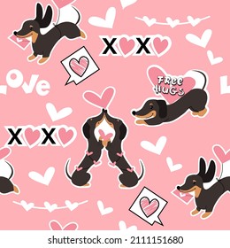 Funny dachshunds and hearts seamless pattern for valentine's day on a pink background. Vector stickers illustration