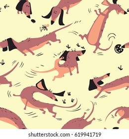Funny dachshunds playing with insects seamless pattern.  Happy smart vector dogs wallpaper. 