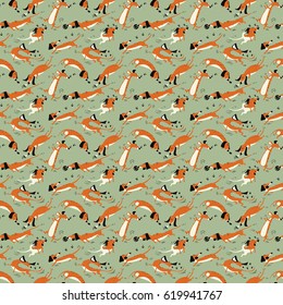 Funny dachshunds playing with insects seamless pattern.  Happy smart vector dogs wallpaper. 