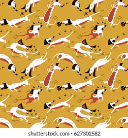Funny dachshunds playing with insects seamless pattern.  Happy smart vector dogs wallpaper. 
