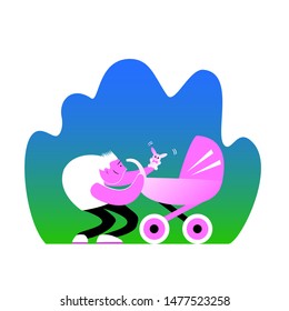A funny dad sits near a stroller and plays with a baby using a toy. Vector illustration with pink, blue and green colors.
