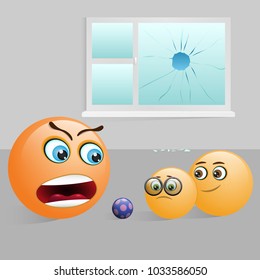 Funny daddy smiley scolds his children smiley brothers for a broken ball window glass. Vector illustration.