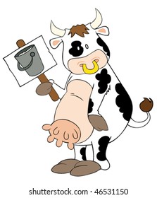 Funny dairy cow with placard.