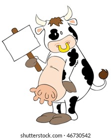 Funny dairy cow with white placard.