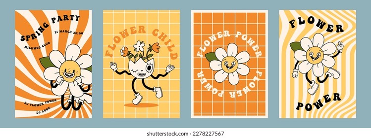 Funny daisy flower poster set. Groovy summer, spring chamomile characters, smiling faces. Cartoon hippie 70s print collection. Vector logo cards in trendy retro style. Bloom floral elements