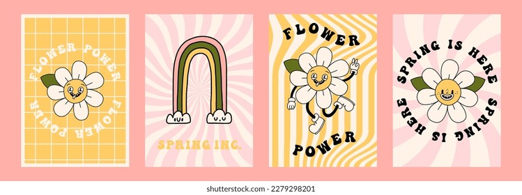 Divertido juego de afiches con flores de margarita. Verano espantoso, personajes de camomila primavera, caras sonrientes. Colección de impresos hippie de dibujos animados de los años 70. Tarjetas con logotipo vector de estilo retro moderno. Elementos florales en flor