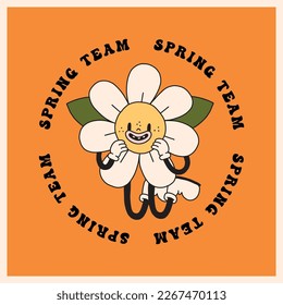 Funny daisy flower smiling face print. Groovy spring chamomile character mascot. Cartoon hippie 70s poster with lettering. Vector logo card in trendy retro style. Bloom floral background