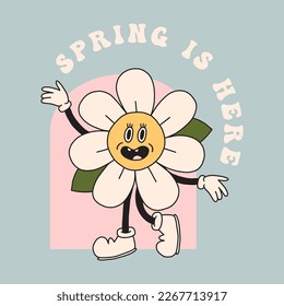 Funny daisy flower smiling face print. Groovy spring chamomile character mascot. Cartoon hippie 70s poster with lettering. Vector logo card in trendy retro style. Bloom floral background