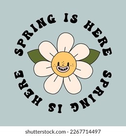 Funny daisy flower smiling face print. Groovy spring chamomile character mascot. Cartoon hippie 70s poster with lettering. Vector logo card in trendy retro style. Bloom floral background