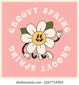 Funny daisy flower smiling face print. Groovy spring chamomile character mascot. Cartoon hippie 70s poster with lettering. Vector logo card in trendy retro style. Bloom floral background