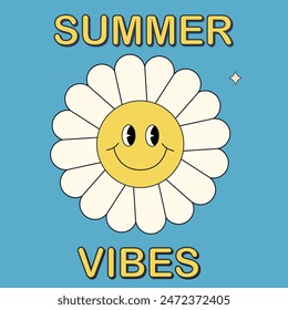 Funny daisy flower smiling face. Groovy summer vibes chamomile character mascot. Cartoon hippie 70s poster with lettering. Vector logo card in trendy retro style. Bloom floral backgrounds