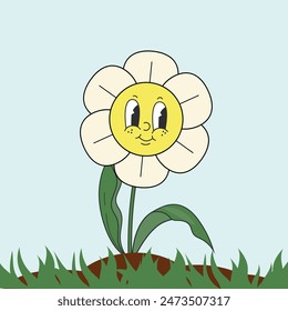 Funny daisy flower smiling face. Groovy summer vibes chamomile character mascot. Cartoon hippie 70s poster with lettering. Vector logo card in trendy retro style. Bloom floral backgrounds