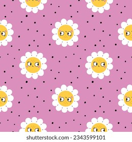 Funny daisy flowers seamless pattern. Cute chamomiles. Smiling faces. Repeated floral elements. Pink girly botanical theme. Blooming plants. Positive emotion. Garish