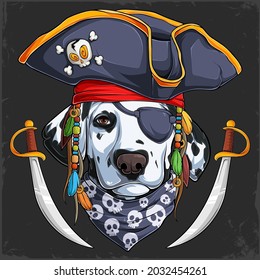 Funny Dalmatian dog in pirate hat with two swords, Halloween Dalmatian pirate face